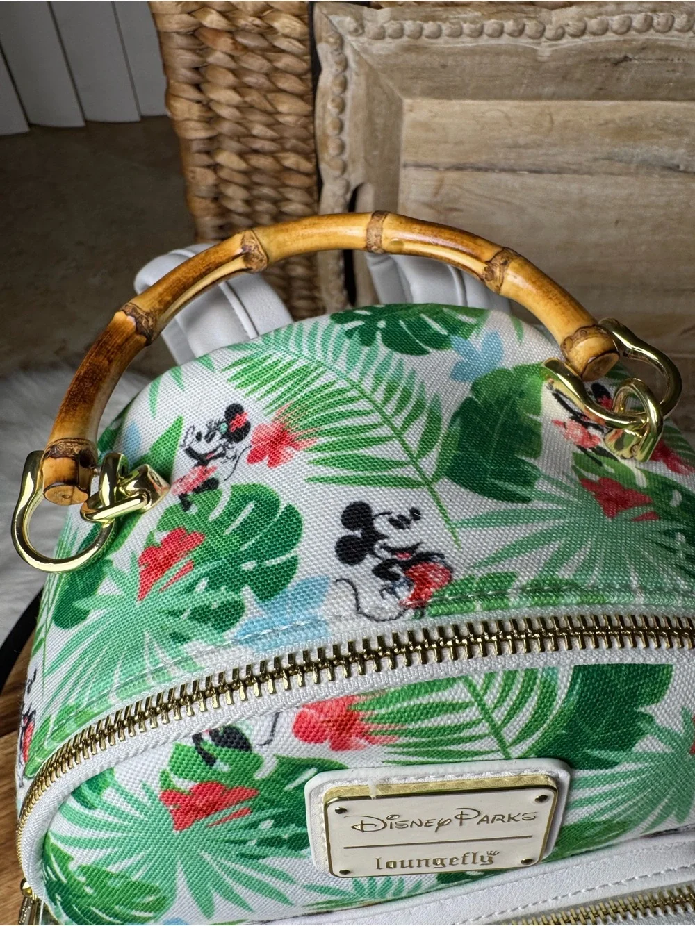 Disney White & Green Tropical Mickey Mini Backpack with Bamboo Handle
